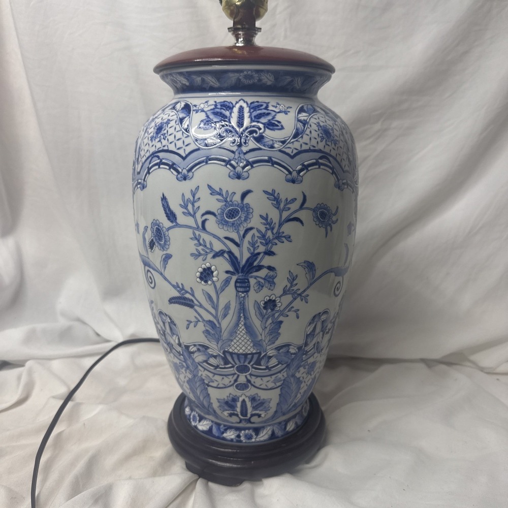 Large Blue White Porcelain Table Lamp Raised Floral Relief Hand Painted Vintage
